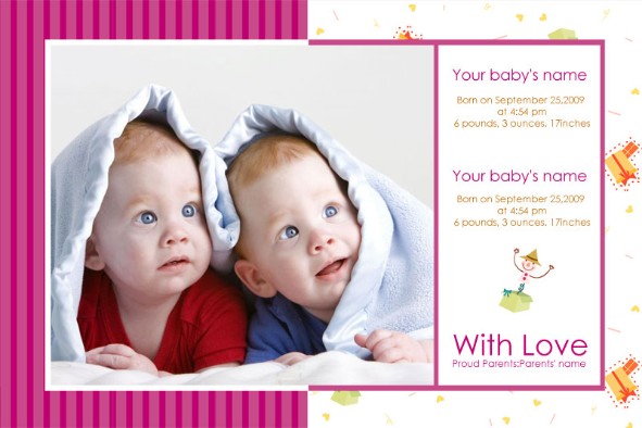 ベビーの誕生のお知らせ photo templates 双子のベビーの誕生のお知らせ2